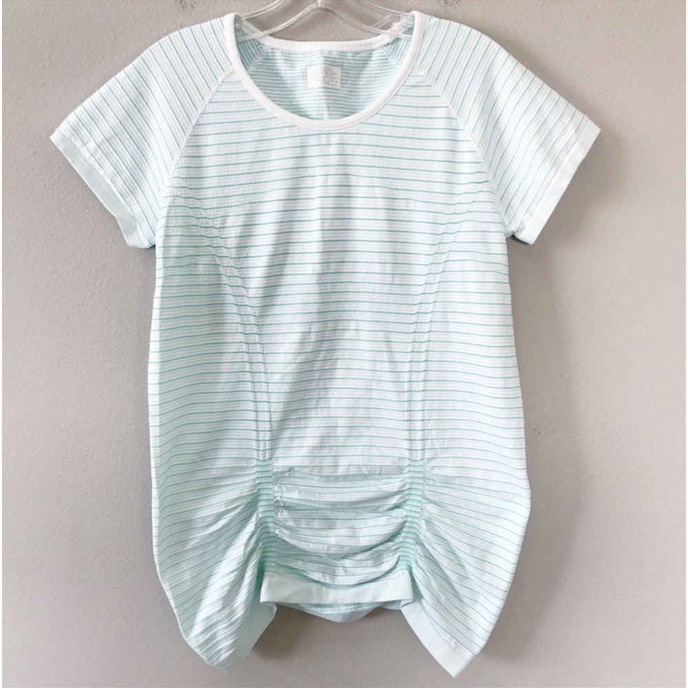 Athleta Fast Track Green White Striped Women’s Short Sleeve Tee Shirt Medium